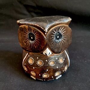 Carved Wood Owl Hand Painted Bird Figurine Home Decor Whimsical Owl Pre-Owned